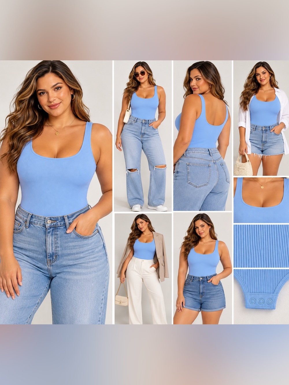 OQQ Ribbed Blue Bodysuit Stretch Scoop Neck Tank XXL